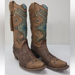 Corral Vintage Boots C2693 Python Aztec Indian Teal Brown Size 8.5M Womens